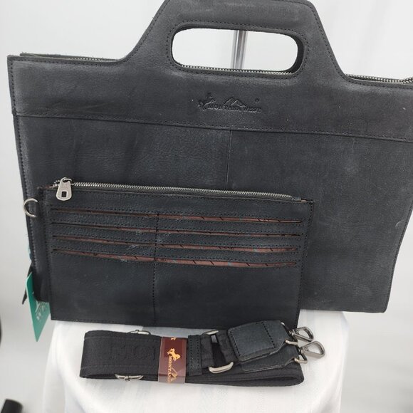 MONTANA WEST Black Genuine Leather Laptop Case Tote & Wristlet Set NWT - Picture 2 of 9